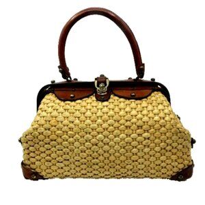 Vintage 1970's John Romain Raffia & Leather Handbag, 13" x 8" x 5"